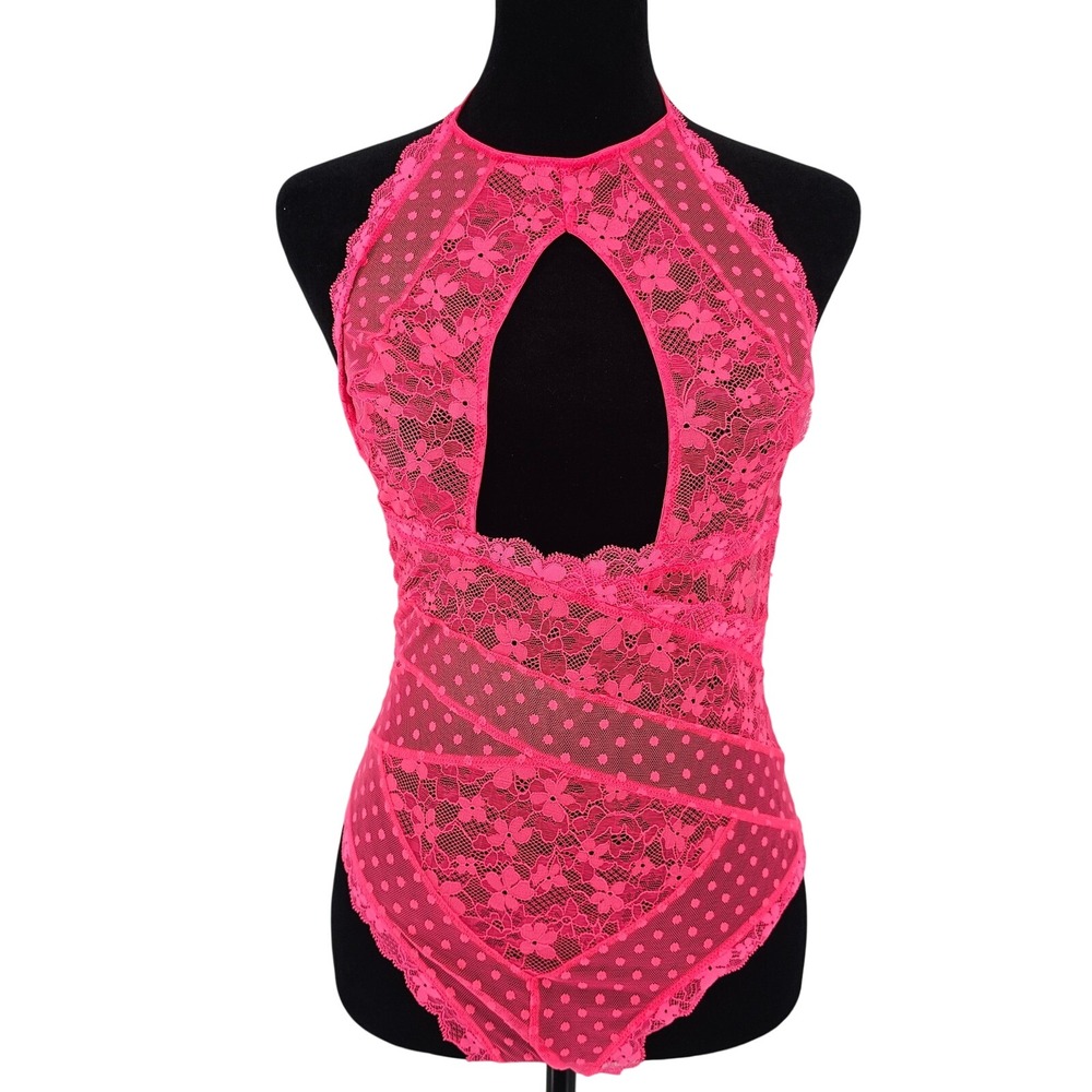 Victoria's Secret Hot Pink Lace Polka Dot Keyhole Halter Teddy Bodysuit M - Picture 2 of 8
